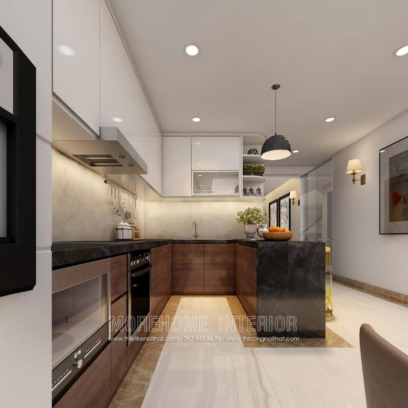 Thiết kế tủ bếp hiện đại gỗ Veneer óc chó kết hợp gỗ Acrylic đầy lạ mắt, tạo điểm cuốn hút cho bất kì ánh nhìn của vị khách tới chơi nhà Tủ bếp hiện đại đẹp