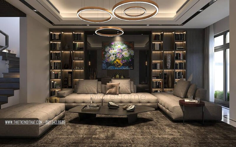 Phòng khách biệt thự, nhà phố đầy ấn tượng sang trọng với tâm điểm là bộ sofa da hiện đại màu nâu cao cấp. Mẫu nội thất chung cư hiện đại đẹp