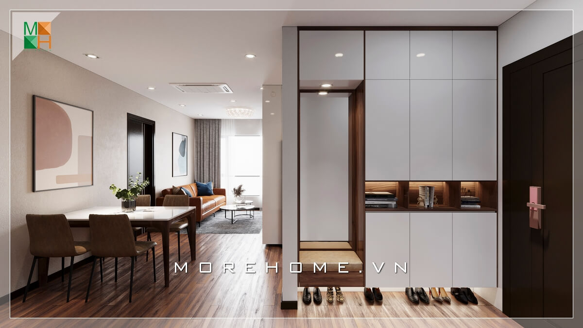 Mẫu tủ quần áo gỗ kết hợp giá để giầy hiện đại thiết kế kịch trần âm tường tối giản diện tích không gian nhà phố, chung cư. Mẫu nội thất chung cư hiện đại đẹp