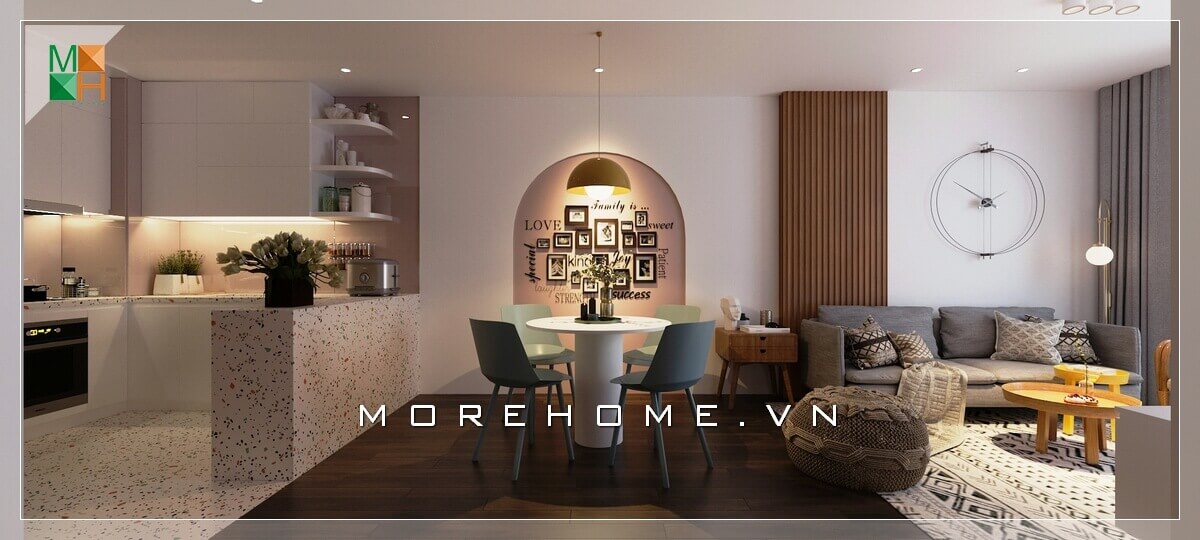 Thiết kế bố cục phòng khách chung cư đơn giản liền phòng ăn và bếp mang đến sự liền mạch, tiện lợi mang phong cách hiện đại. Mẫu nội thất chung cư hiện đại đẹp